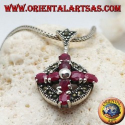 Silver pendant cross of natural rubies set with a ball in the center on a circle with marcasites
