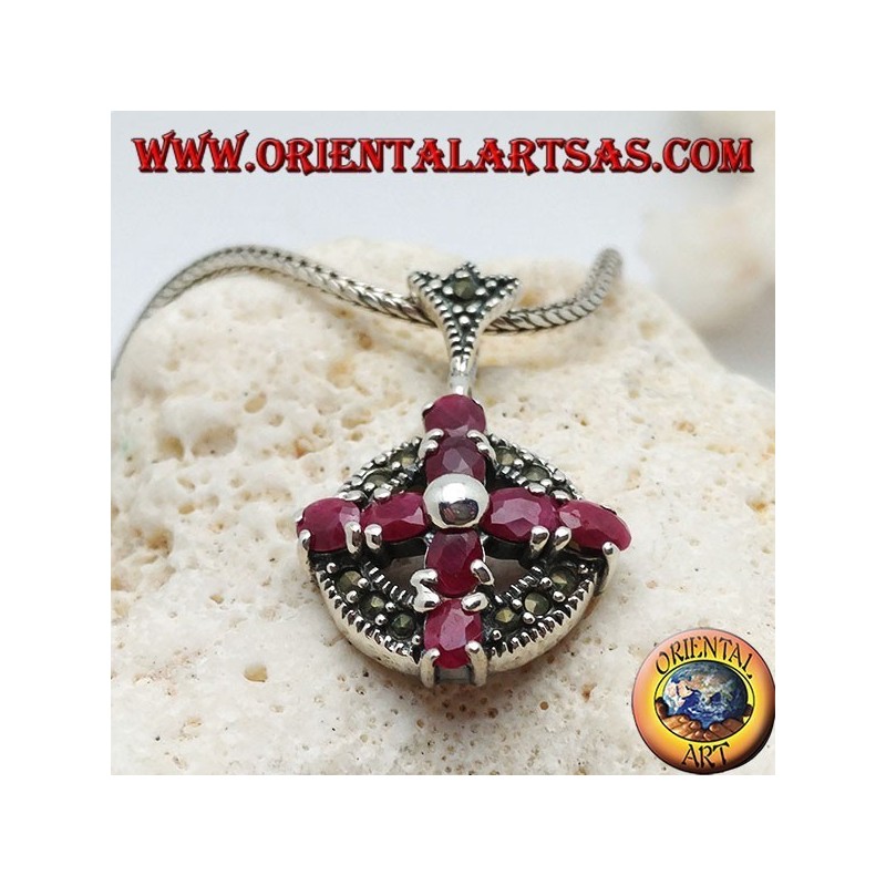 Silver pendant cross of natural rubies set with a ball in the center on a circle with marcasites