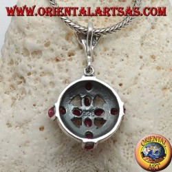 Silver pendant cross of natural rubies set with a ball in the center on a circle with marcasites