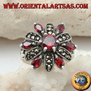 Silver flower ring with 12 petals of garnets set and alternating marcasite and central round garnet