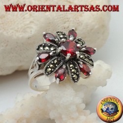 Silver flower ring with 12 petals of garnets set and alternating marcasite and central round garnet
