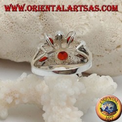 Anillo de flores de plata con 12 pétalos de granates y marcasita alterna y granate redondo central