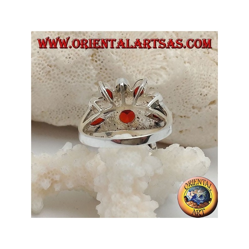 Silver flower ring with 12 petals of garnets set and alternating marcasite and central round garnet