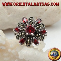 Silver flower ring with 12 petals of garnets set and alternating marcasite and central round garnet