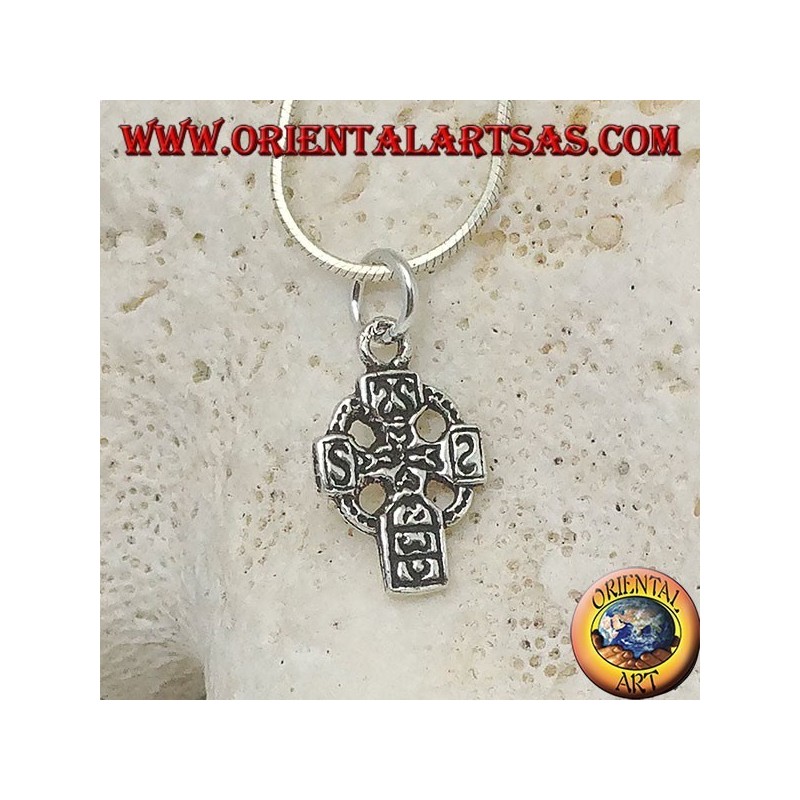 Silver pendant Celtic cross with engraved runes (small)