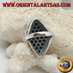 Rhomboid silver ring studded with turquoise balls set surrounded by a row of marcasite stones