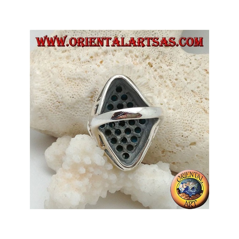 Rhomboid silver ring studded with turquoise balls set surrounded by a row of marcasite stones
