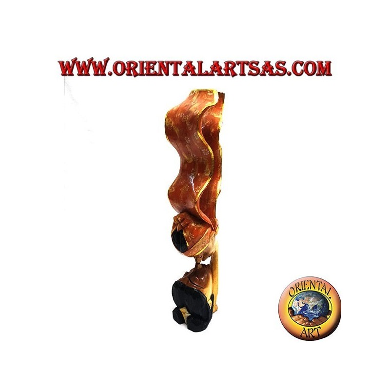 Sculpture du baiser entre deux amoureux orientaux avec un voile de profil en bois de suar de 35 cm (peint, orange)