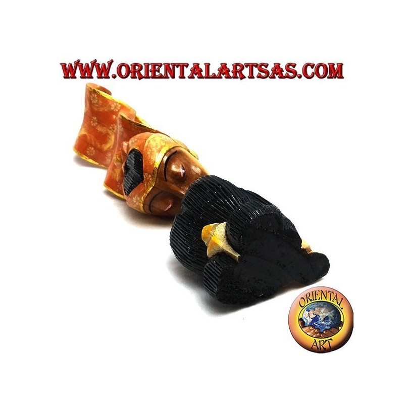 Sculpture of the kiss between two oriental lovers with a 35 cm suar wood profile veil (painted, orange)