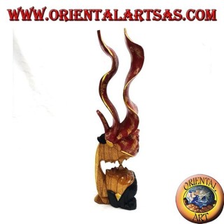 Scultura del bacio tra due amanti orientali con velo di profilo in legno di suar da 35 cm (dipinta, rosso)