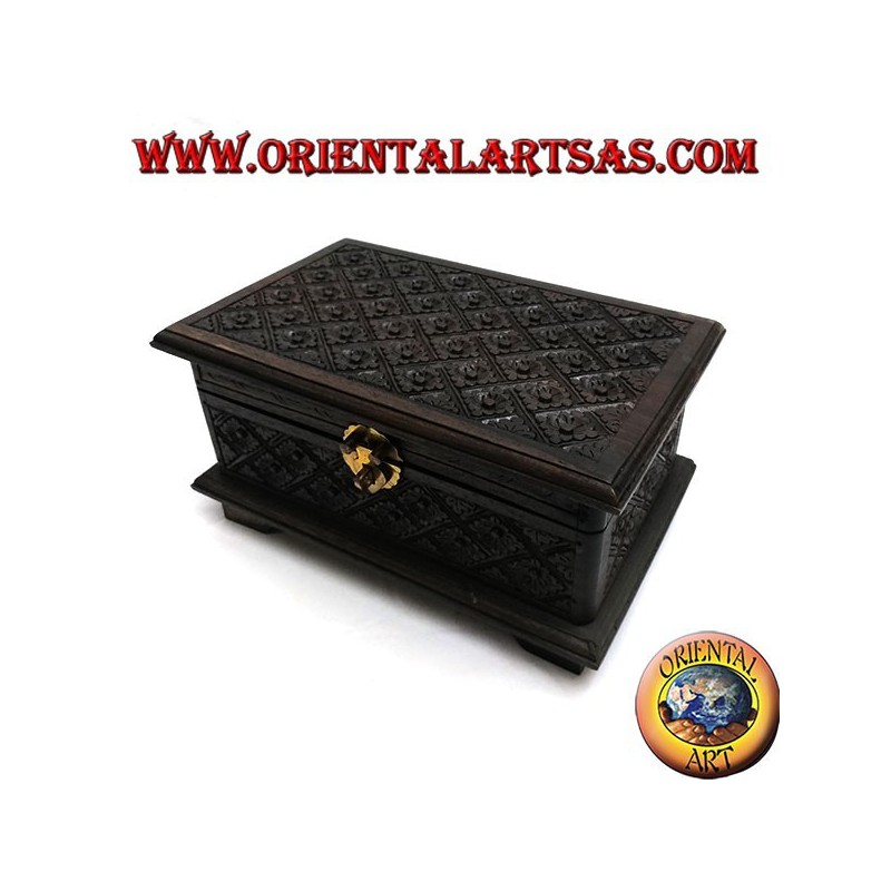 Casket box with rhombus floral inlays in ebony wood and brass closure (large)