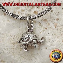 Small three-dimensional turtle silver pendant with spirals on the shell
