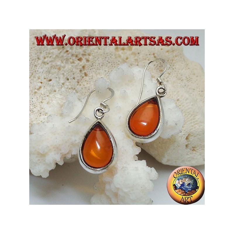 Silver earrings with natural drop amber on a smooth setting