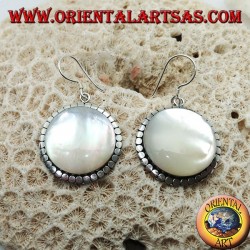 Silver earrings with large round mother-of-pearl surrounded by discs