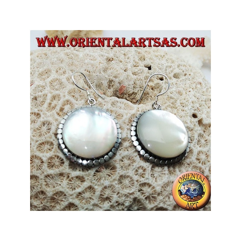 Silver earrings with large round mother-of-pearl surrounded by discs