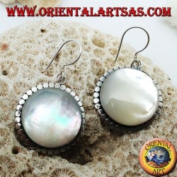 Silver earrings with large round mother-of-pearl surrounded by discs