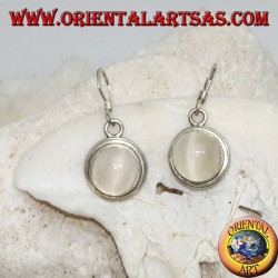 Silver earrings with round moonstone cabochon on a smooth two-line mount