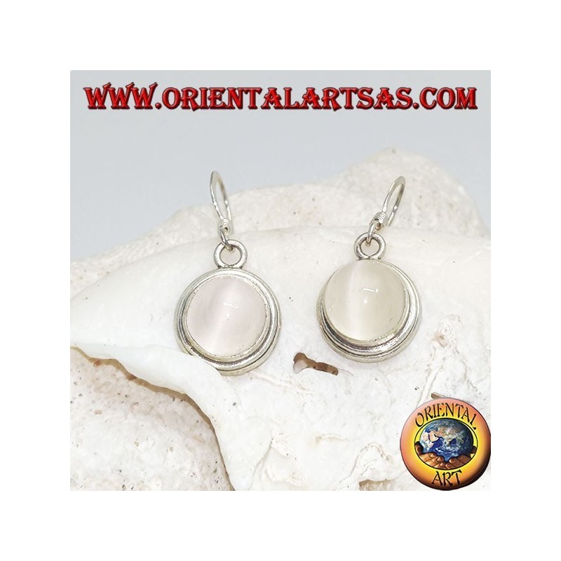 Silver earrings with round moonstone cabochon on a smooth two-line mount