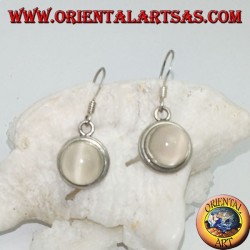 Silver earrings with round moonstone cabochon on a smooth two-line mount