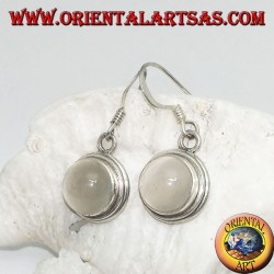 Silver earrings with round moonstone cabochon on a smooth two-line mount