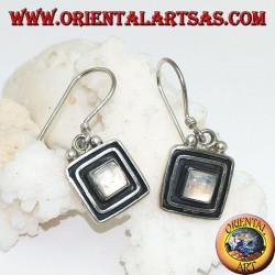 Silver earrings with square rainbow moonstone surrounded by a double raised frame