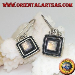 Silver earrings with square rainbow moonstone surrounded by a double raised frame