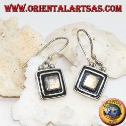 Silver earrings with square rainbow moonstone surrounded by a double raised frame