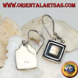 Silver earrings with square rainbow moonstone surrounded by a double raised frame