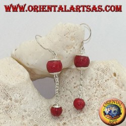 Silver pendant earrings with double red madrepora ball (coral) and silver chain