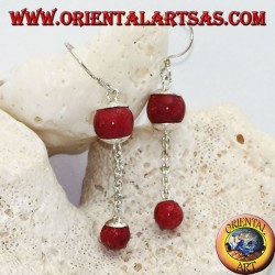 Boucles d'oreilles pendantes en argent avec double boule rouge madrepora (corail) et chaîne en argent