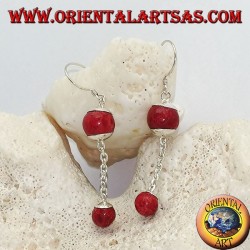 Boucles d'oreilles pendantes en argent avec double boule rouge madrepora (corail) et chaîne en argent