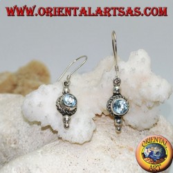 Round blue topaz silver earrings surrounded by interlacing and a small ball above and two below