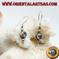 Round blue topaz silver earrings surrounded by interlacing and a small ball above and two below