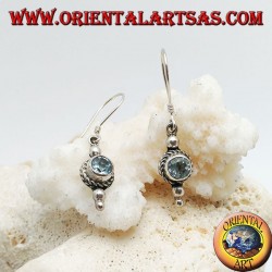 Round blue topaz silver earrings surrounded by interlacing and a small ball above and two below