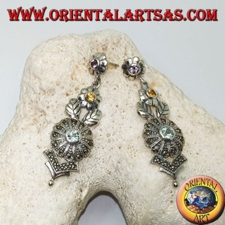 Boucles d'oreilles en argent avec trois fleurs d'améthyste, de topaze et d'aigue-marine et décorations florales avec marcassite