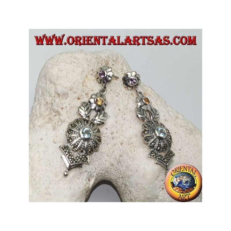 Pendientes de plata con tres flores de amatista, topacio y aguamarina y decoraciones florales con marcasita.