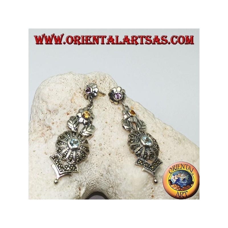 Silver earrings with three amethyst, topaz and aquamarine flowers and floral decorations with marcasite