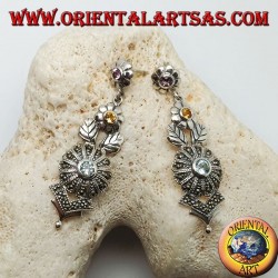 Silver earrings with three amethyst, topaz and aquamarine flowers and floral decorations with marcasite