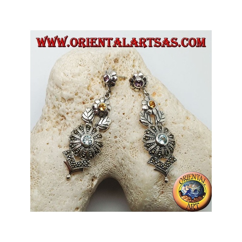Silberohrringe mit drei Amethyst-, Topas- und Aquamarinblüten und Blumendekorationen mit Markasit
