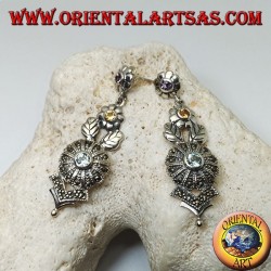Silver earrings with three amethyst, topaz and aquamarine flowers and floral decorations with marcasite