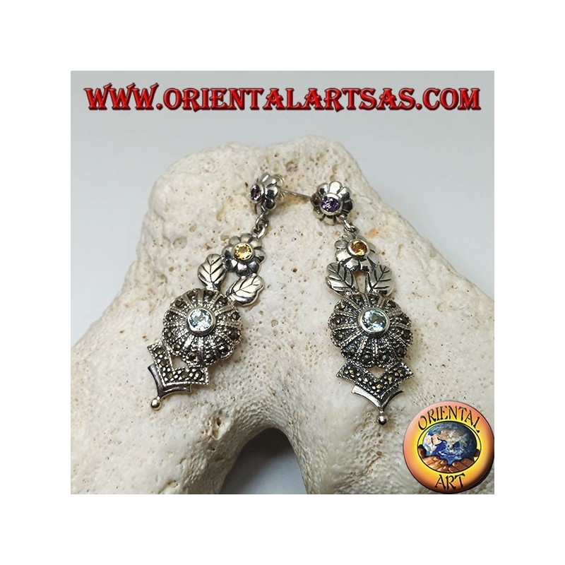 Orecchini in argento con tre fiori in ametista, topazio e acquamarina e decorazioni floreali con marcassite