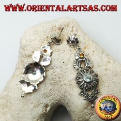 Silberohrringe mit drei Amethyst-, Topas- und Aquamarinblüten und Blumendekorationen mit Markasit