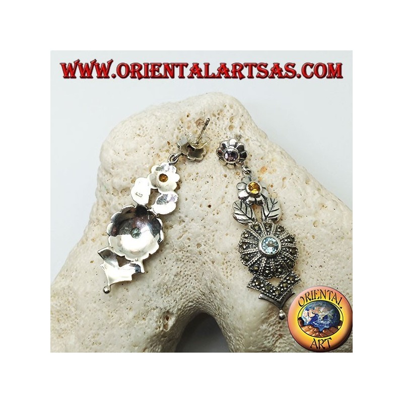 Silberohrringe mit drei Amethyst-, Topas- und Aquamarinblüten und Blumendekorationen mit Markasit