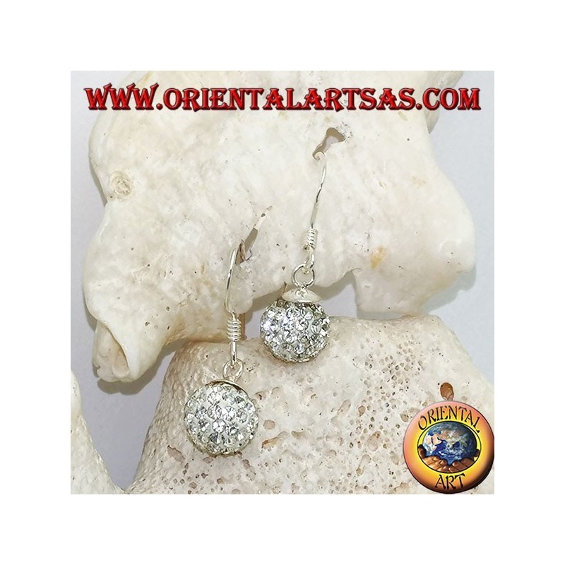 Silver earrings with sphere studded with hanging white zircons