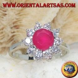 Silver flower ring with synthetic round ruby with embedded white zircon petals