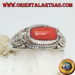 Silver ring with natural coral and surrounded by lotus flower petals decorations