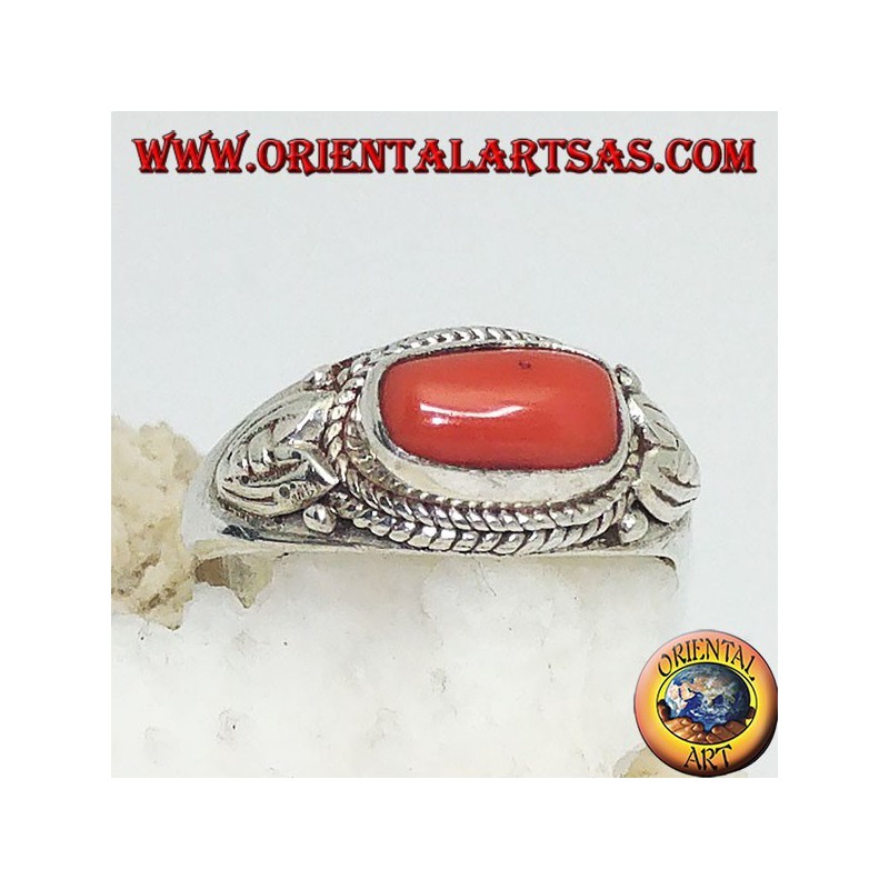 Anillo de plata con coral natural a través (hecho a mano)