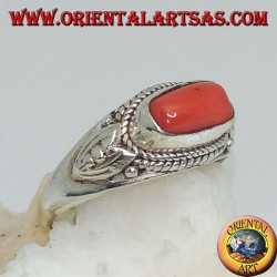 Silver ring with natural coral and surrounded by lotus flower petals decorations