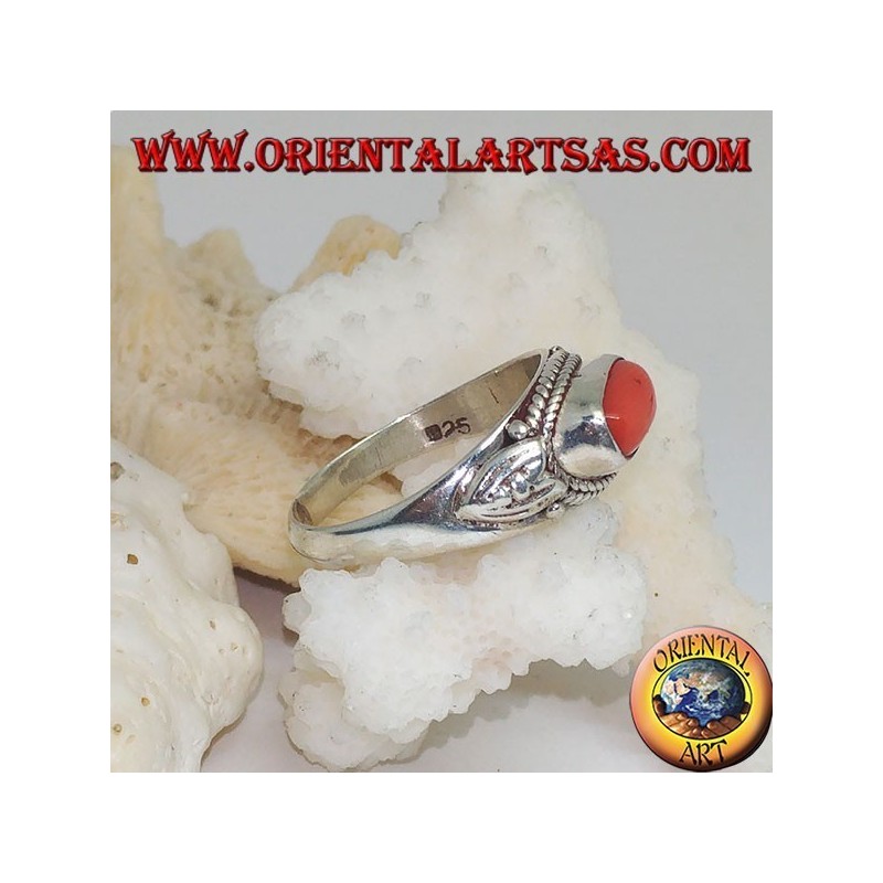 Anillo de plata con coral natural a través (hecho a mano)