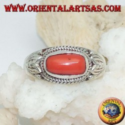 Silver ring with natural coral and surrounded by lotus flower petals decorations